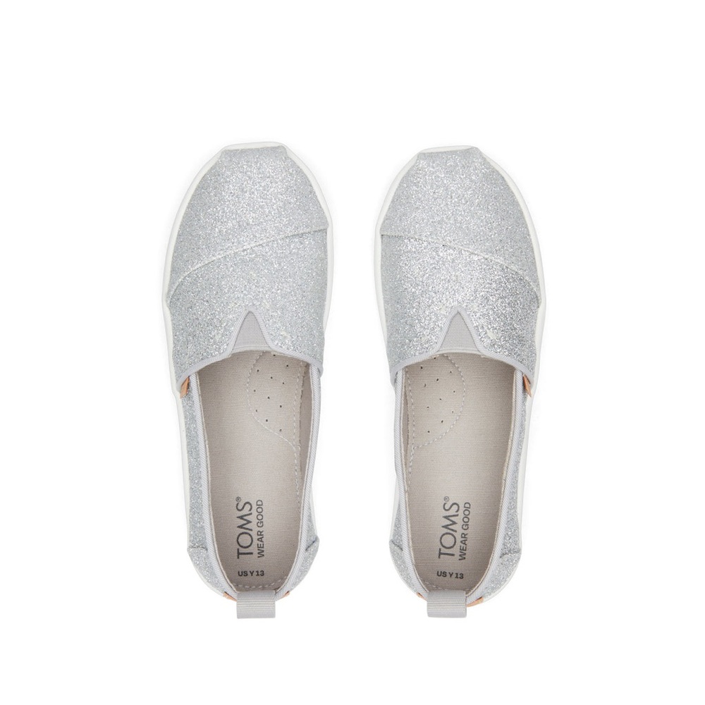 TOMS Youth Alpargata Silver Iridescent Glimmer Slip-Ons, 5